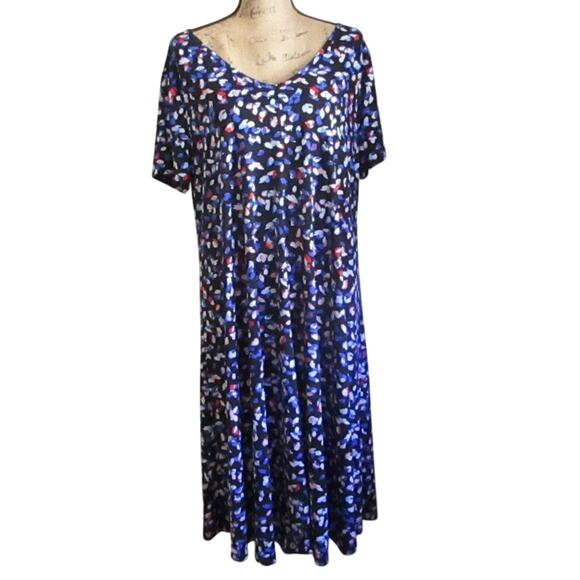 Roaman’s Abstract Print Midi Dress 14/16 V-Neck Short Sleeve A-Line Stretch - Picture 1 of 17
